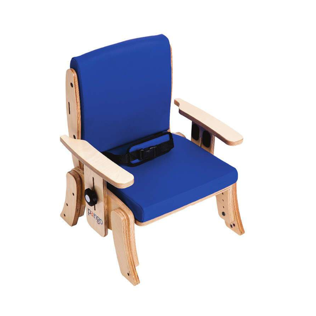 The Circle Specialty Pango Pediatric Activity Chair features a wooden frame, blue cushioned seat and backrest, adjustable armrests, black safety belt, and sturdy legs with adjustment knobs—ideal for positioning children with special needs.